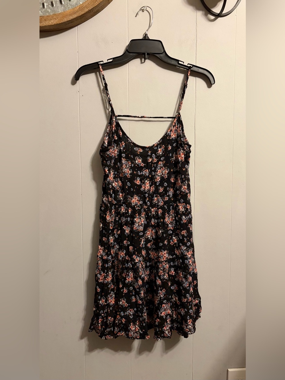 Pink Rose Black Camisole Dress with Coral and White Floral Print Open Back